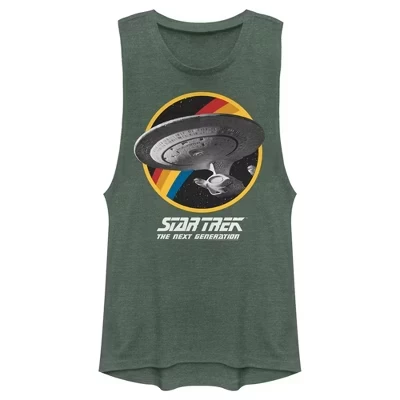 Juniors Womens : The Next Generation Rainbow USS Enterprise Circle Galaxy Stars Festival Muscle Tee green