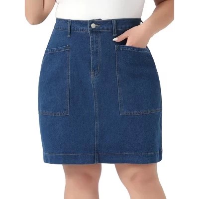 Women's Plus Size Denim High Waist Knee Length Jean Work Casual Summer Pencil Skirts with Pockets - blue