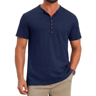 Мужская уличная футболка с коротким рукавом и текстурой Henley Shirt в стиле ретро на пуговицах