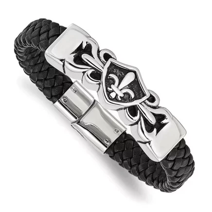 Браслет Black Bow Jewelry флёр-де-лис, сталь и кожа, 21 см