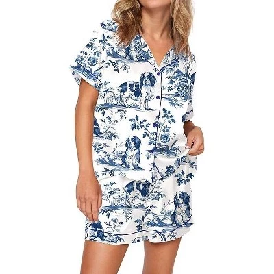 SHESHOW Satin Pajamas for Women Set Preppy Cute Dog Pjs Short Sleeve Shorts 2 Piece Loungewear Sets White white