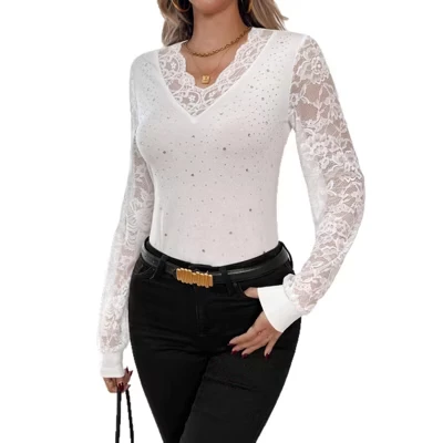 Women's V-Neck Lace Trim Blouse Sheer Long Sleeve Cocktail Party Shirts white