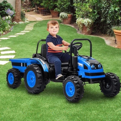 Garvee 12V Kids Ride на тракторе с прицепом, Электрический трактор с дистанционным управлением, ремень безопасности, для мальчиков и девочек, синий