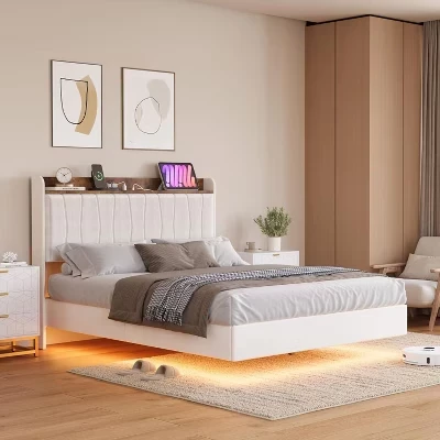 Плавающий каркас кровати COZONY с LED, молочный