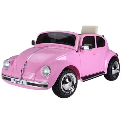 Лицензионный детский электромобиль Volkswagen Beetle Electric Ride-On Car, игрушка на батарейках с дистанционным управлением, музыкальный рожок, подсветка MP3 для детей от 3 до 6 лет, розовый