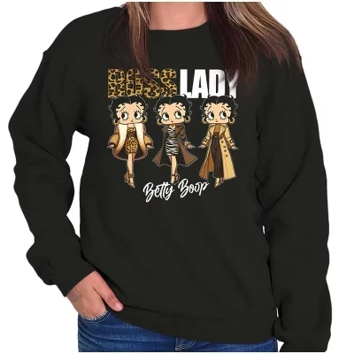 Женская толстовка с круглым вырезом и принтом Betty Boop Cheetah Boss Lady лицензионного черного цвета