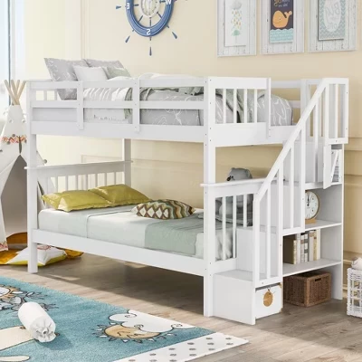 Лестница Twin над двухъярусной кроватью Twin для детей, каркас двухъярусной кровати с местом для хранения вещей и ограждением для спальни в общежитии белого цвета