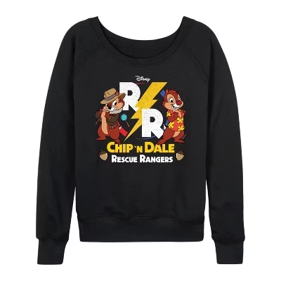 Женская рубашка Chip 'N Dale Rescue Rangers - Легкая французская махровая рубашка с широким вырезом и длинным рукавом, черная с графическим рисунком.