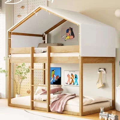 Двухъярусная кровать Twin over Twin House с тентом и просторным местом под кроватью, деревянная двухъярусная кровать Идеально подходит для мальчиков и девочек.