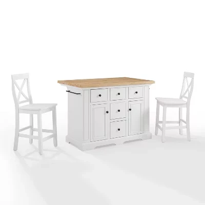 Островок Julia с деревянной столешницей и 2 стульями с Х-образными спинками - белый