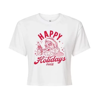 Женская укороченная футболка с рисунком Happy Holidays Coca-Cola белого цвета