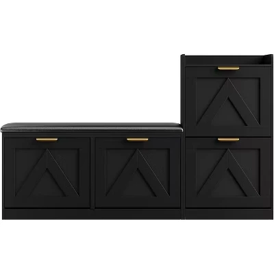 Farmhouse Shoe Cabinet with Bench and 4 Flip Drawers, Shoe Storage Cabinet with Bench and Comfort Cushion, Entryway Shoe Organizer black