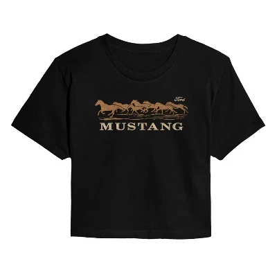 Женская укороченная футболка с изображением бегущих лошадей Mustang, черная