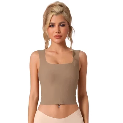 Женская майка в рубчик со встроенным бюстгальтером Slim Fit с квадратным вырезом коричневого цвета