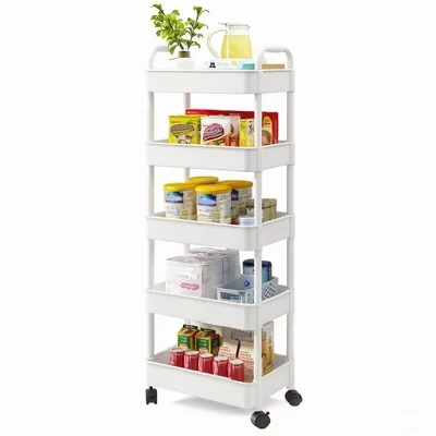 5-Tier Storage Trolley on Wheels, Plastic Slide Out Rolling Utility Cart with Handle, Mobile Shelving Unit, Narrow Shelf Unit Storage Rack white