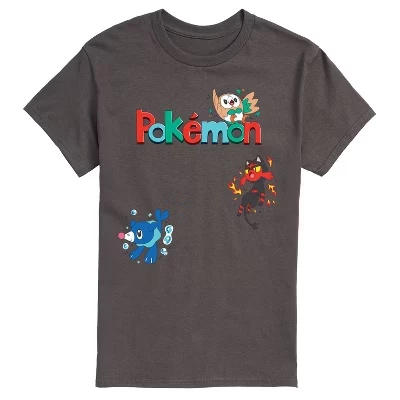 Мужская футболка с короткими рукавами и рисунком покемонов Rowlet, Litten, Popplio цвета древесного угля