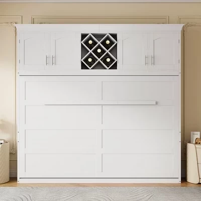 Деревянная кровать Murphy Bed размера Queen-Size, настенная кровать с верхними шкафчиками и винным стеллажом, кровать Murphy Bed, комод, кровать-платформа, белая