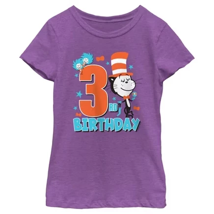 Футболка для девочки с котом в шляпе и друзьями на День рождения, фиолетовая, 3-я