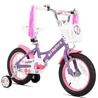 Детский велосипед JOYSTAR 12, 14, 16 дюймов для девочек 3, 4, 5, 6, 7 лет, детский велосипед с корзиной и тренировочными колесами, двойная тормозная система для безопасного обучения, фиолетовый