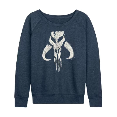Женская - Легкая махровая рубашка Mandalorian Mando Icon цвета Хизер индиго с широким вырезом и длинными рукавами, выполненная в графическом стиле.