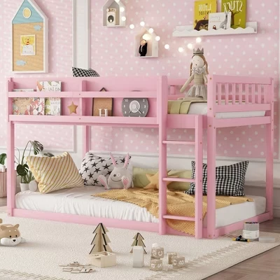 Двухъярусная кровать Twin Over Twin Floor с лестницей, Двухъярусная кровать из цельного дерева для детей и юниоров - розовая
