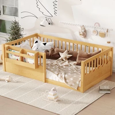 Современная напольная кровать Twin/Full/ Queen-Size с книжной полкой и высоким ограждением, Деревянные кровати-платформы для детской комнаты, натуральная спальня