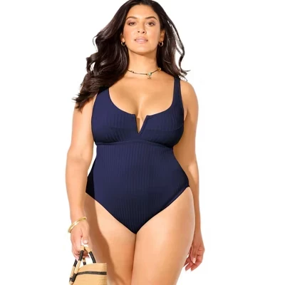 Swimsuits for All Ribbed V-Wire One Piece Swimsuit (Plus Sizes Available) blue
