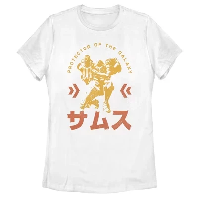 Женская футболка с иероглифами Metroid Samus Protector of the Universe, белая