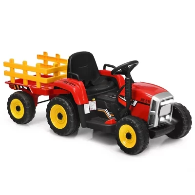 Детский трактор Costway 12V с прицепом, красный
