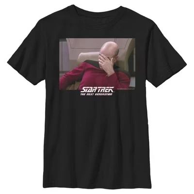 Футболка с мемом Boy's : The Next Generation Captain Picard ладонью к лицу, черная