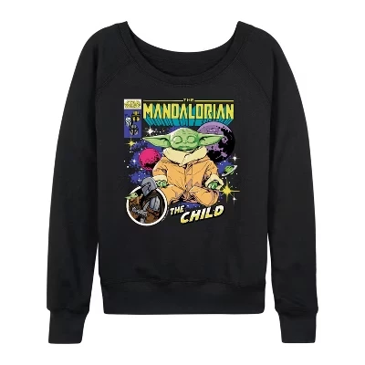 Женская футболка с изображением комикса The Mandalorian Grogu, легкая махровая рубашка с широким вырезом и длинным рукавом, черная