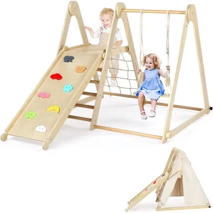 Набор для скалолазания в тренажерном зале Jungle Gym для малышей 7 в 1 в помещении с регулируемыми качелями и каменной стеной из дерева