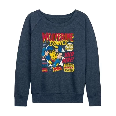 Women's -  - Wolverine Comics Ad Lightweight French Terry Wide Neck Long Sleeve Graphic Shirt heather indigo