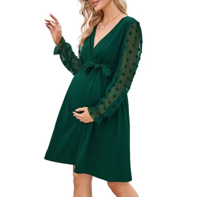 Женское платье с запахом и длинными рукавами в горошек для беременных, осеннее повседневное платье миди в стиле бохо с V-образным вырезом, фотосессия для душа ребенка с поясом