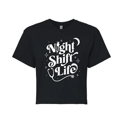 Женская укороченная футболка с рисунком Night Shift Life, черная