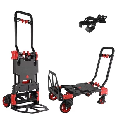 330LB Folding Hand Truck - Heavy Duty Portable Dolly Cart with 4 Rubber Wheels for Travel, Office & Luggage Transport red