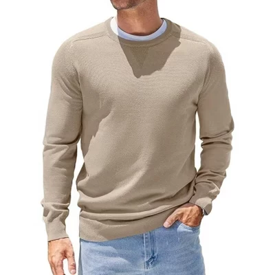 Mens Sweater Crewneck Pullover Long Sleeve Lightweight Sweater Plain Knit Silm Fit khaki