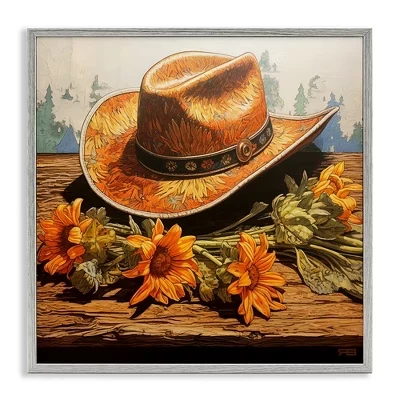 Ковбойская шляпа с подсолнухами в обрамлении Giclee Art gray