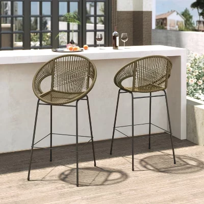 Современные барные стулья Gwyneth Outdoor из железа и ротанга (комплект из 2-х) зеленый