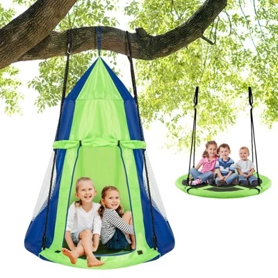 Детский подвесной тент-качели Gymax Kids 2-в-1 Съемный Подвесной домик-палатка с качелями-блюдцами размером 40 см ± Регулируемые качели-шатры Розовый / Оранжевый / Зеленый / сине-зеленый