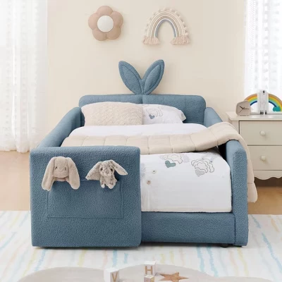 Детская кроватка Twin Size с кроличьей обивкой, изголовьем в форме кроличьих ушей и поручнем безопасности, симпатичная кровать-платформа для младенца, Детей