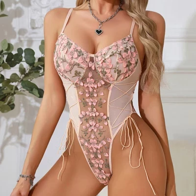 Женское кружевное нижнее белье Teddy с цветочной вышивкой, боди-топ из прозрачной сетки, цельный розовый