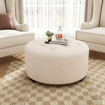 Modern Round Ottoman with Button Tufted Upholstered Versatile Footstool with Wooden Legs Clould Shoe Bench for Living Room, Entryway beige