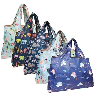 Большие складные нейлоновые многоразовые продуктовые сумки Tote, 5 упаковок синего цвета