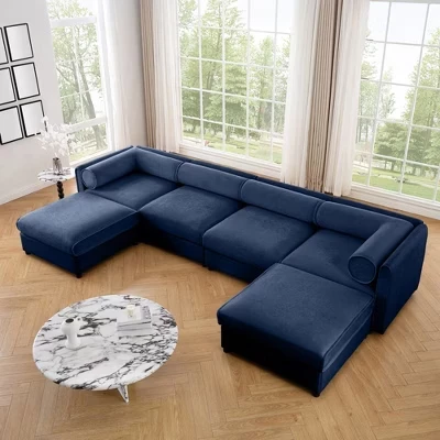 Секционный диван Morley Modern с обивкой из синели 142,5 дюйма и 2 пуфиками синего цвета