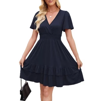 Women's Wrap V Neck Flutter Short Sleeve Smocked Waist Summer Casual Mini Dress Ruffle Hem Trendy Everyday Wear Flowy A Line Short Dress blue