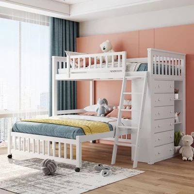 Двухъярусная кровать Twin over Full с нижней кроватью на колесиках, 6 полками для хранения и регулируемыми полками - белый