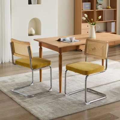 Modern Dining Chairs Set of 2,Accent Chairs with Natural Cane Back,Chrome Steel Base,Linen Upholstered Rattan Chairs for Dining Room gold