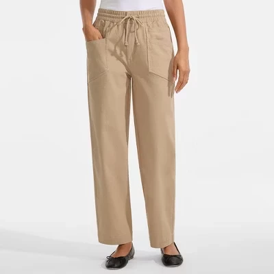 Women's Herringbone Chino High Rise Relaxed Straight Drawstring Ankle Pants desert tan