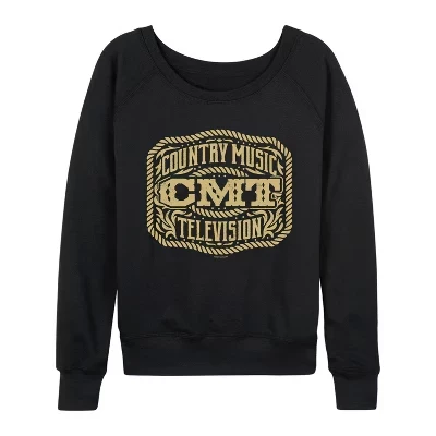 Women's -  - Belt Buckle Lightweight French Terry Wide Neck Long Sleeve Graphic Shirt black